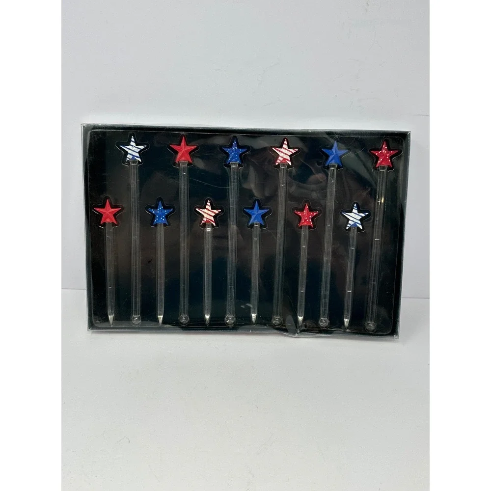 NEW Americana July Patriotic Stars Swizzle Stick Party Set 12 Red White Blue T7